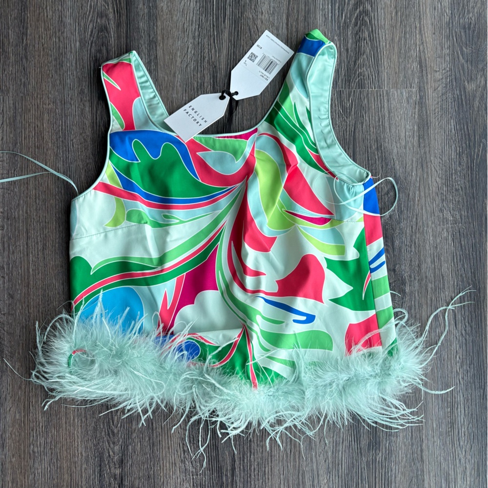 Sleeveless Feather-Trim Printed Crop Top - Multicolor